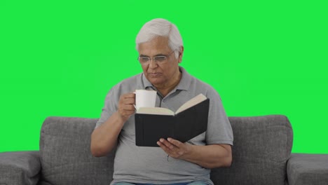 indian old man reading book in morning green screen