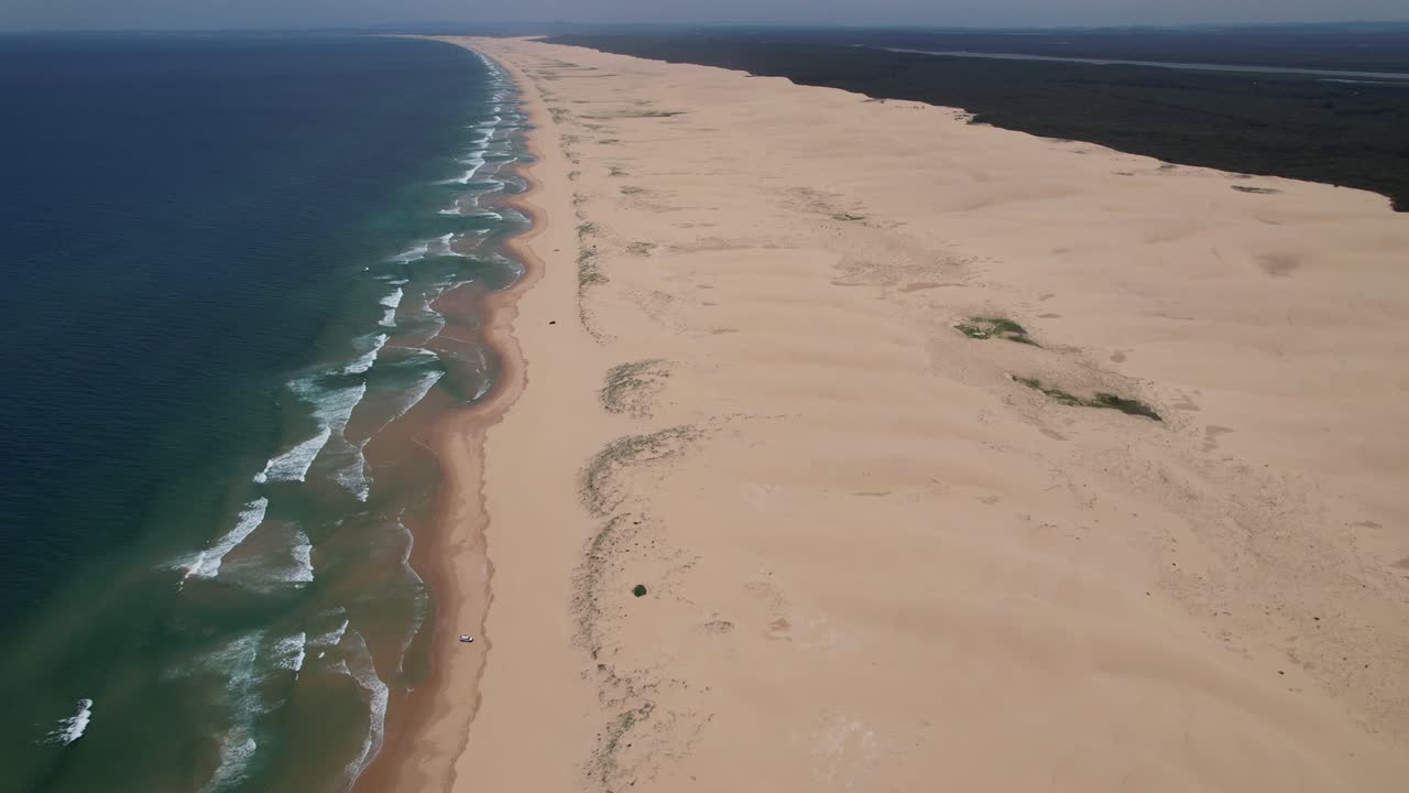 Stockton Beach With White Sand And Turquoise Ocean In New South Wales, Australia - Aerial Drone Shot