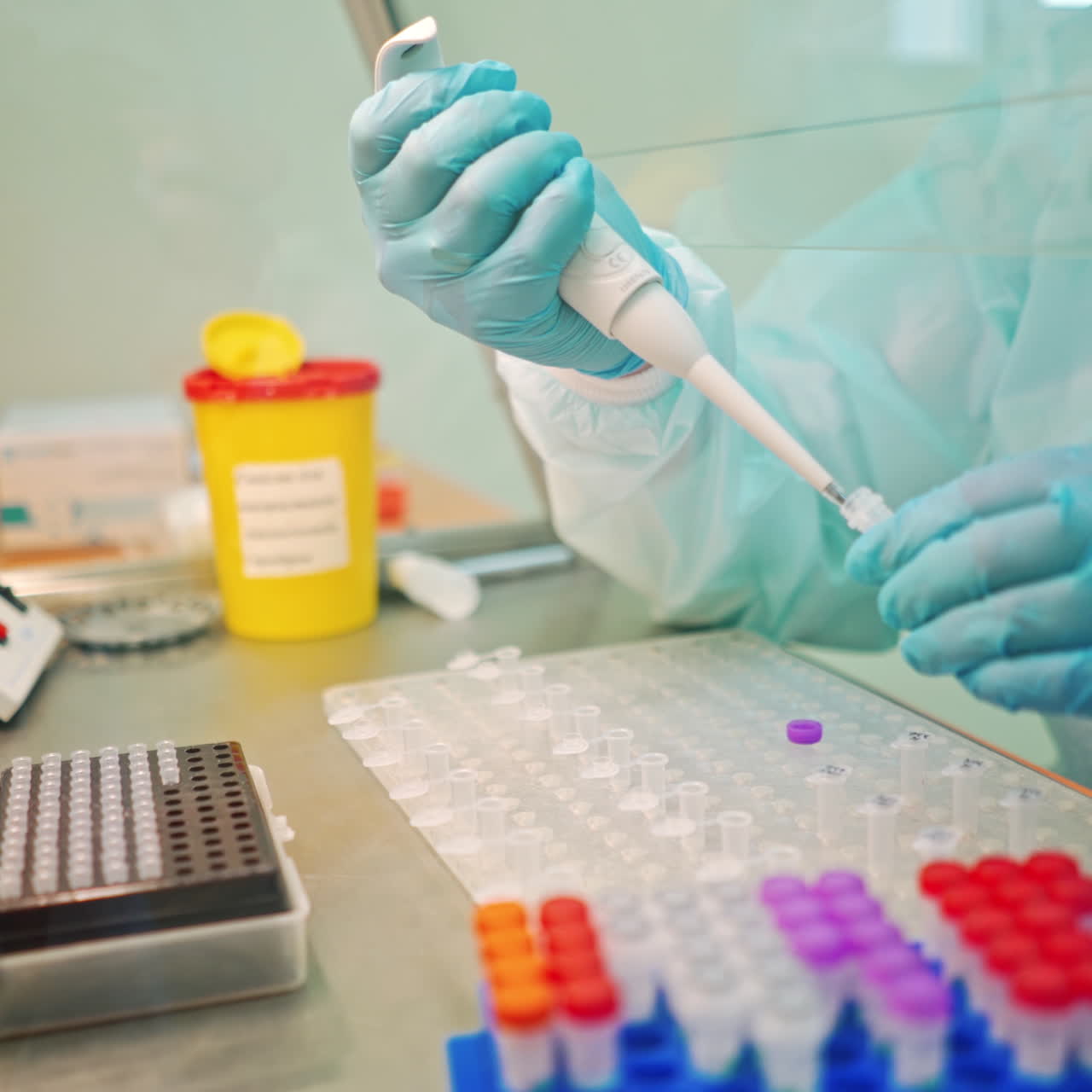 Research worker with medical instruments. Laboratory assistant drops some liquid into small vial on a table in clinic.