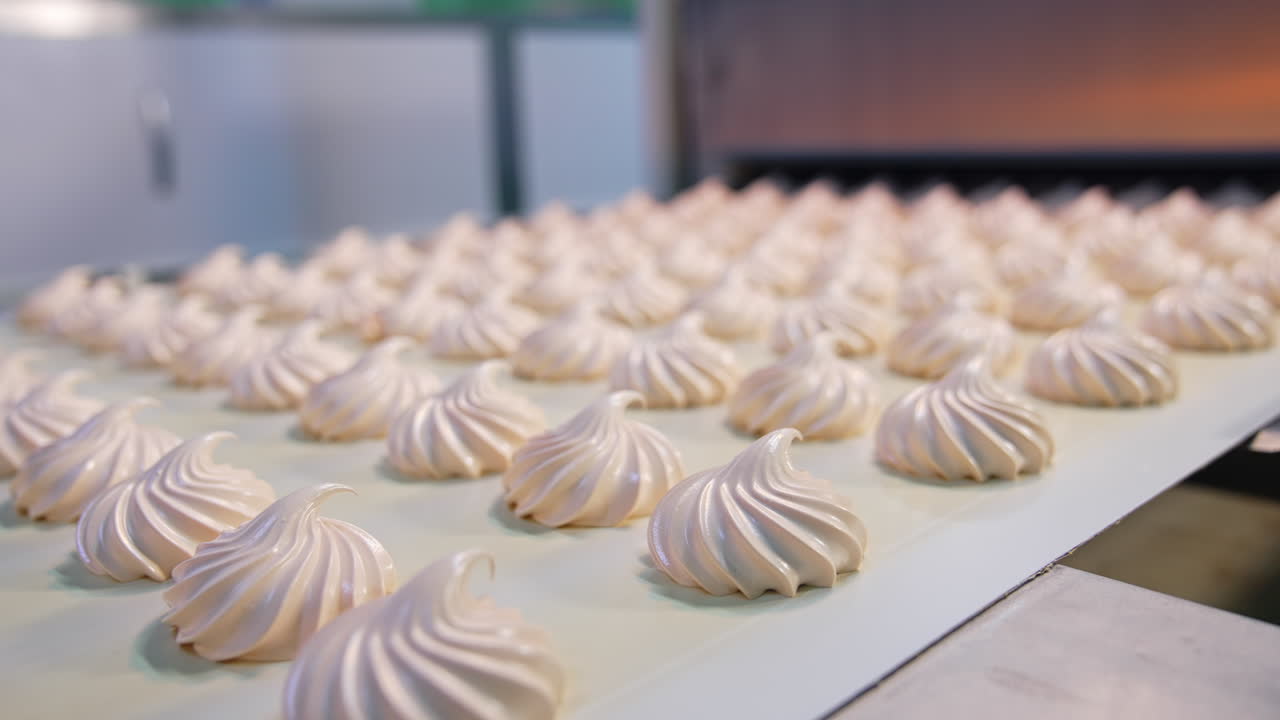 Finished marshmallow zephyr moves along a conveyor line. Ready-made sweets at the confectionery factory production. Close up.