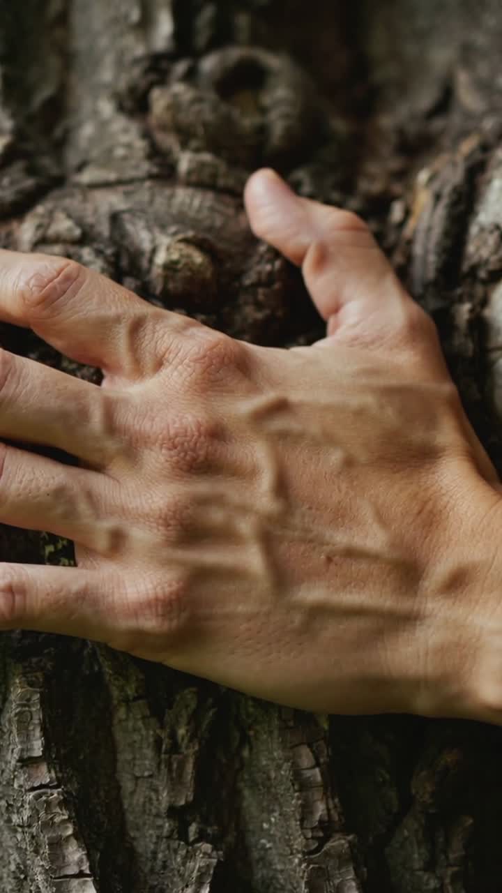 Vertical video: Contacting bare right hand pressing firmly on tree trunk, sensing rough knot