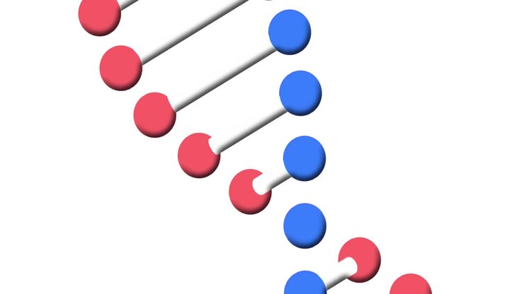 Animation of 3d dna strand spinning over white background