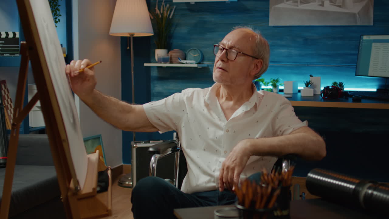 Old man with physical disability using artistic tools to draw vase