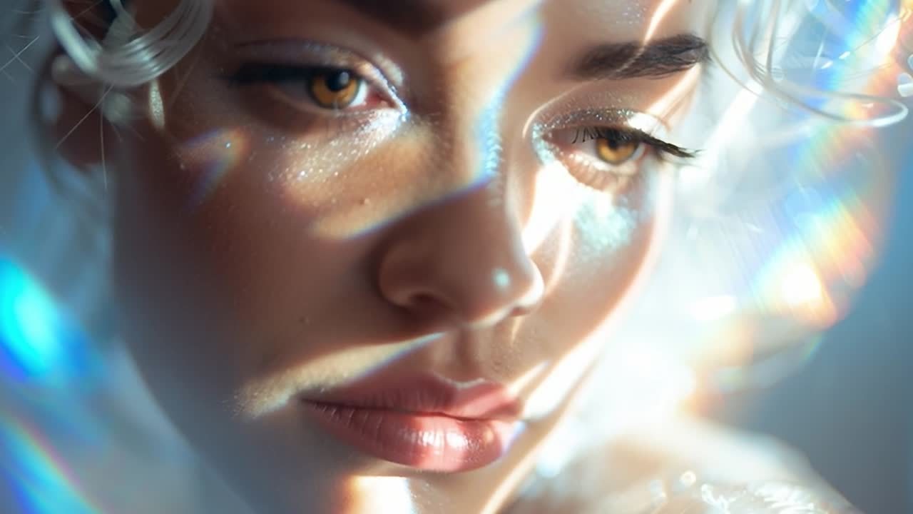 Primo piano di un volto splendido con eterei giochi di luce.