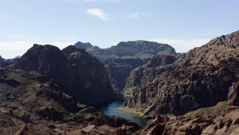 aerial drone view overlooking a canyon and the colorado river, in kingman, usa