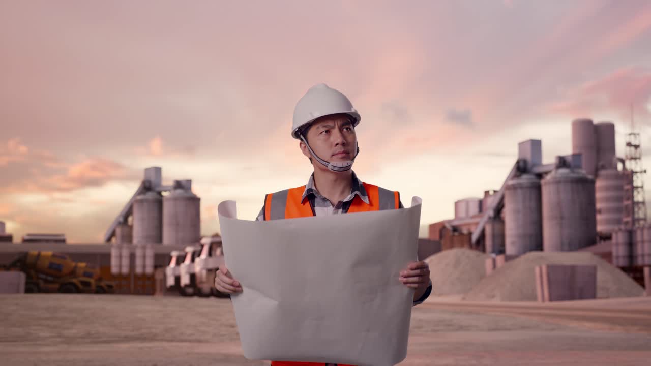 Front View of Asian Male Engineer Looking At Blueprint In His Hands While Walking at Industrial Cement Plant with Sunset