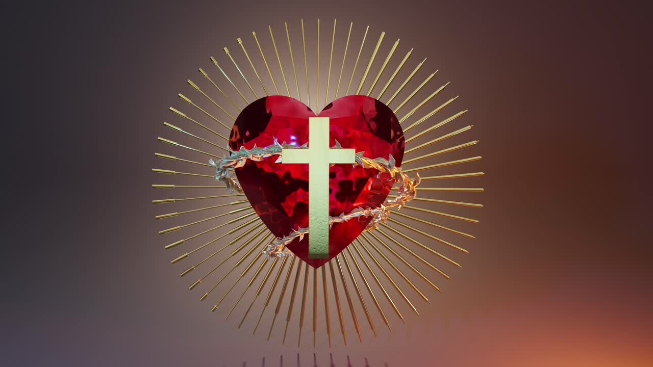 Sacred heart and holy cross on brown backdrop. 3d animation loop