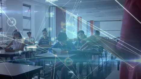 studying in classroom, students with network connections and data processing animation