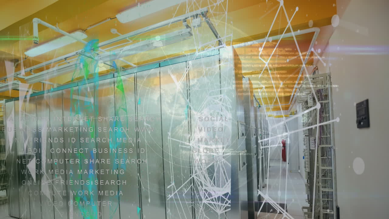 animación del procesamiento de datos, la red de conexiones y las redes plexus contra la sala de servidores