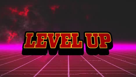 animation of red text high score, over explosion and pink grid, glowing horizon and red clouds