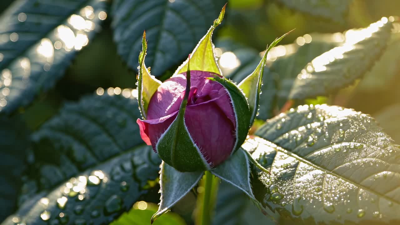 Close-up video shot of a dewy rosebud at dawn, capturing the delicate petals and shimmering leaves