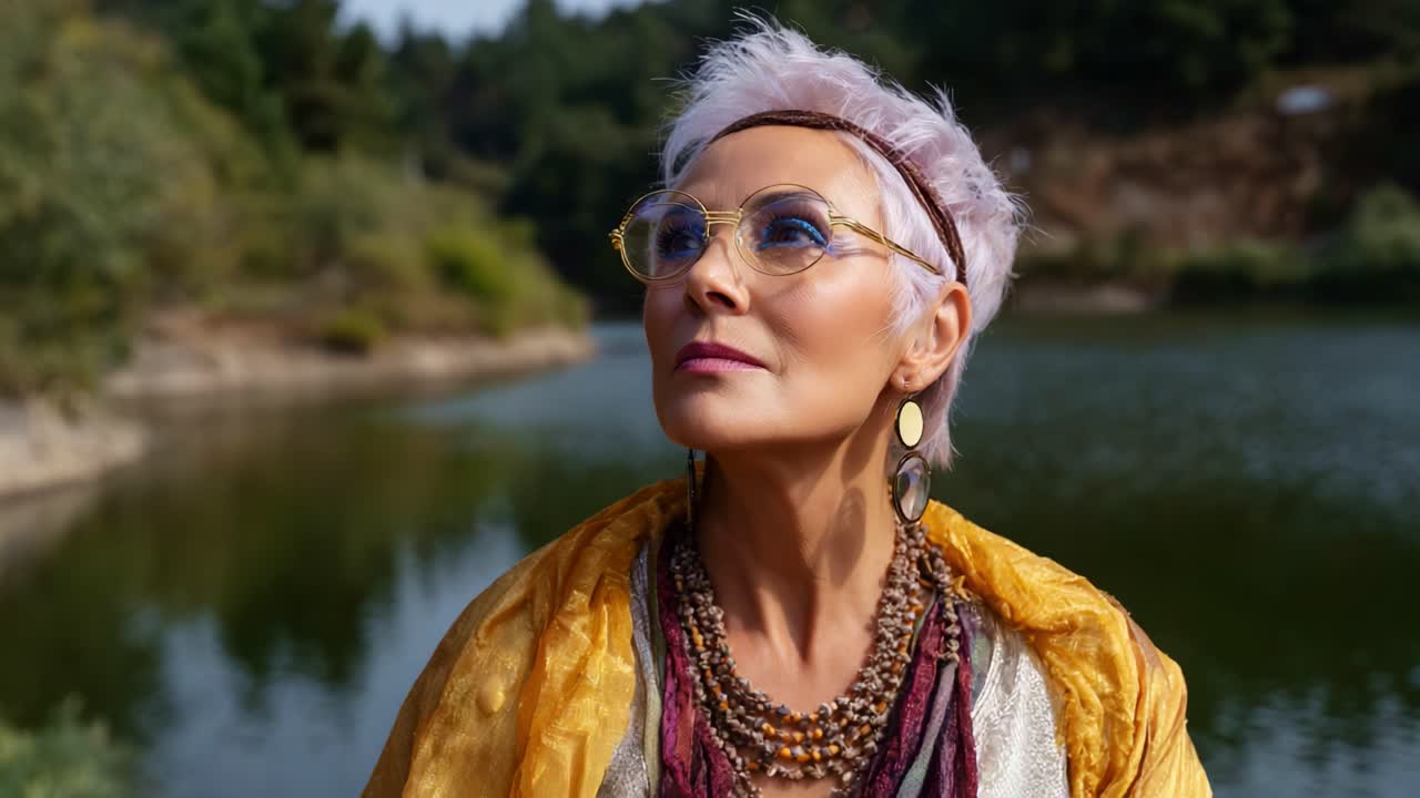 Charming Portrait of a Stylish Woman by the Water, Exuding Confidence and Grace in Vibrant Colors and Accessories Richly Embellished with Nature's Beauty