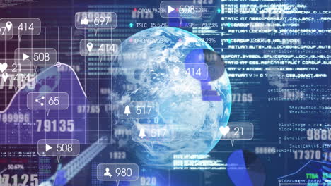 animation of media icons and data processing over globe