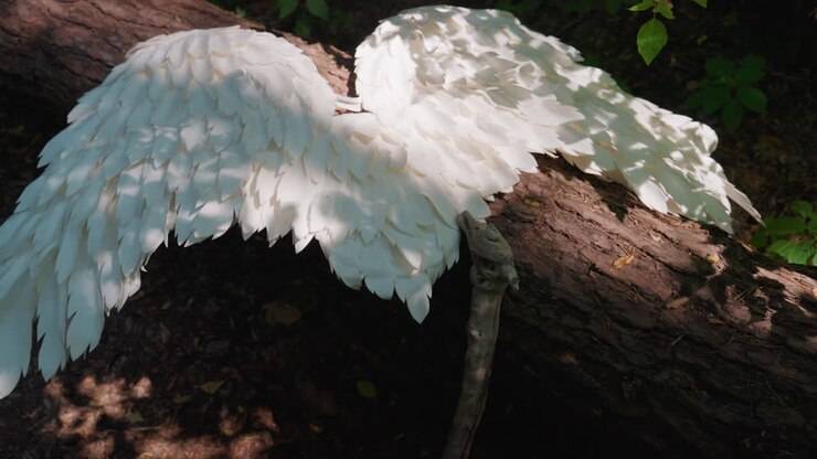 Top view of angel wings resting on forest log under gentle sunlight, white feathers glowing softly among green leaves, symbolizing purity, peace, and ethereal grace