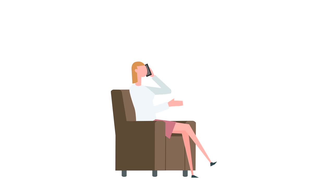 만화 화려한 여성 캐릭터 애니메이션: 의자에 앉아있는 동안 전화로 이야기하는 소녀