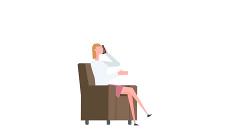 flat cartoon colorful woman character animation. girl talking on the phone while sitting in a chair