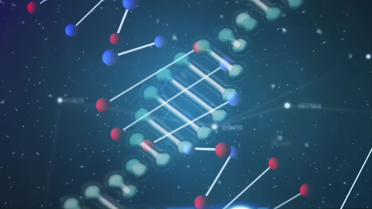 6각형으로 네이비 배경 위에 회전하는 dna 사슬의 애니메이션