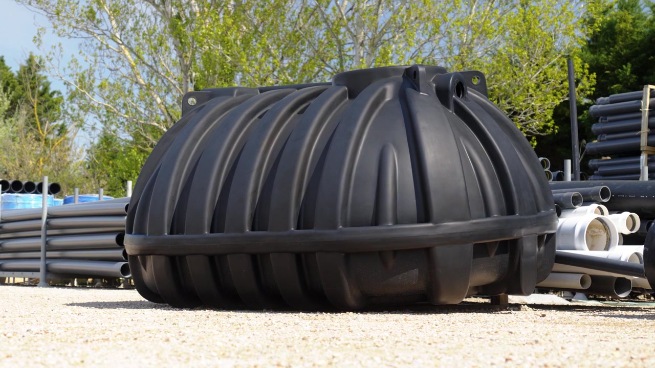 Handheld Close Up of Large Plastic Water Storage Tank at Irrigation Company Pipe Supply Yard