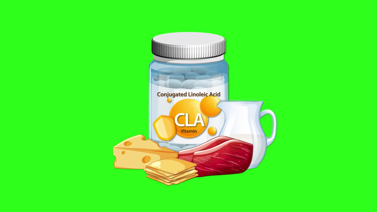 Vitamin bottle animates as cheese, steak, and milk appear beside it on green background