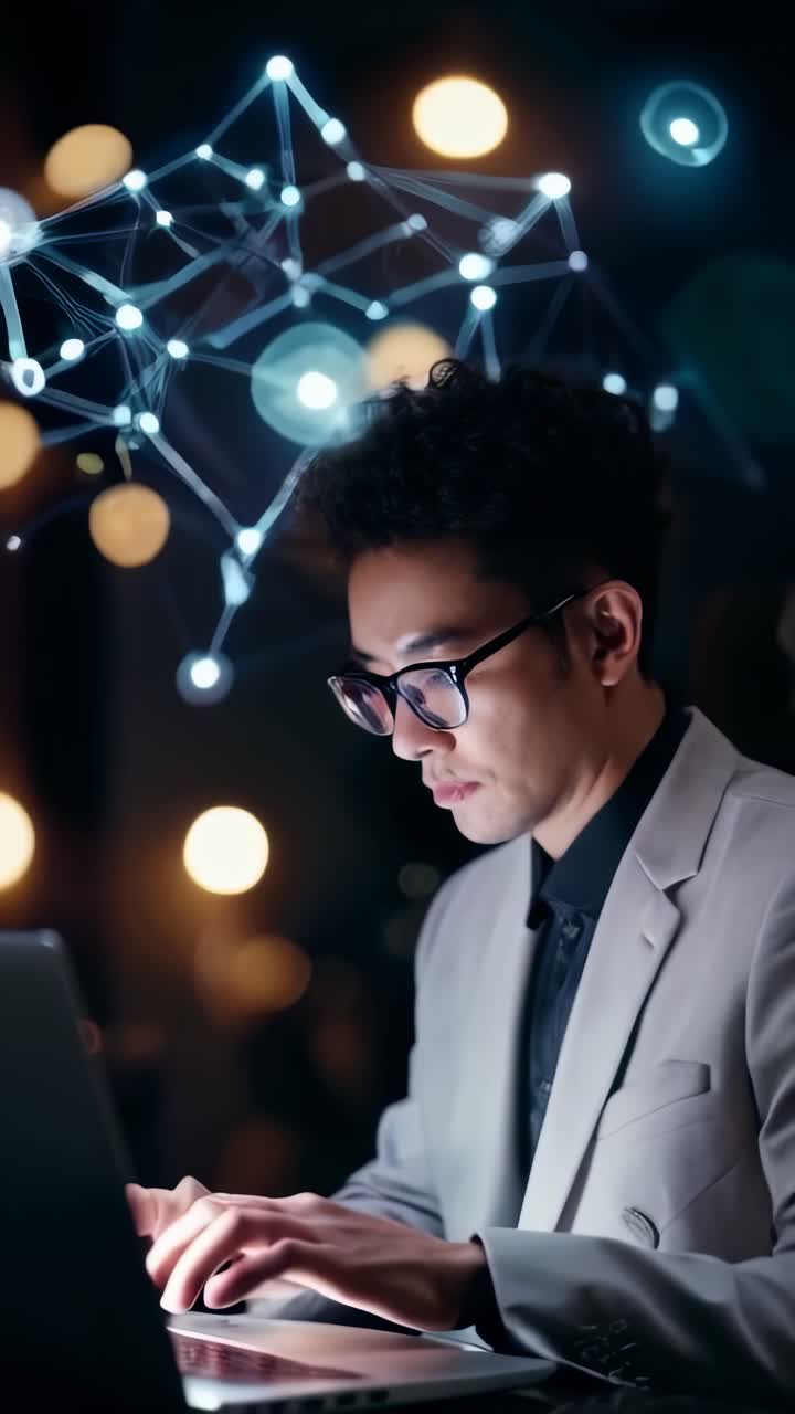 En asiatisk forretningsmand med briller, der arbejder på en bærbar computer med et digitalt netværkskort i baggrunden