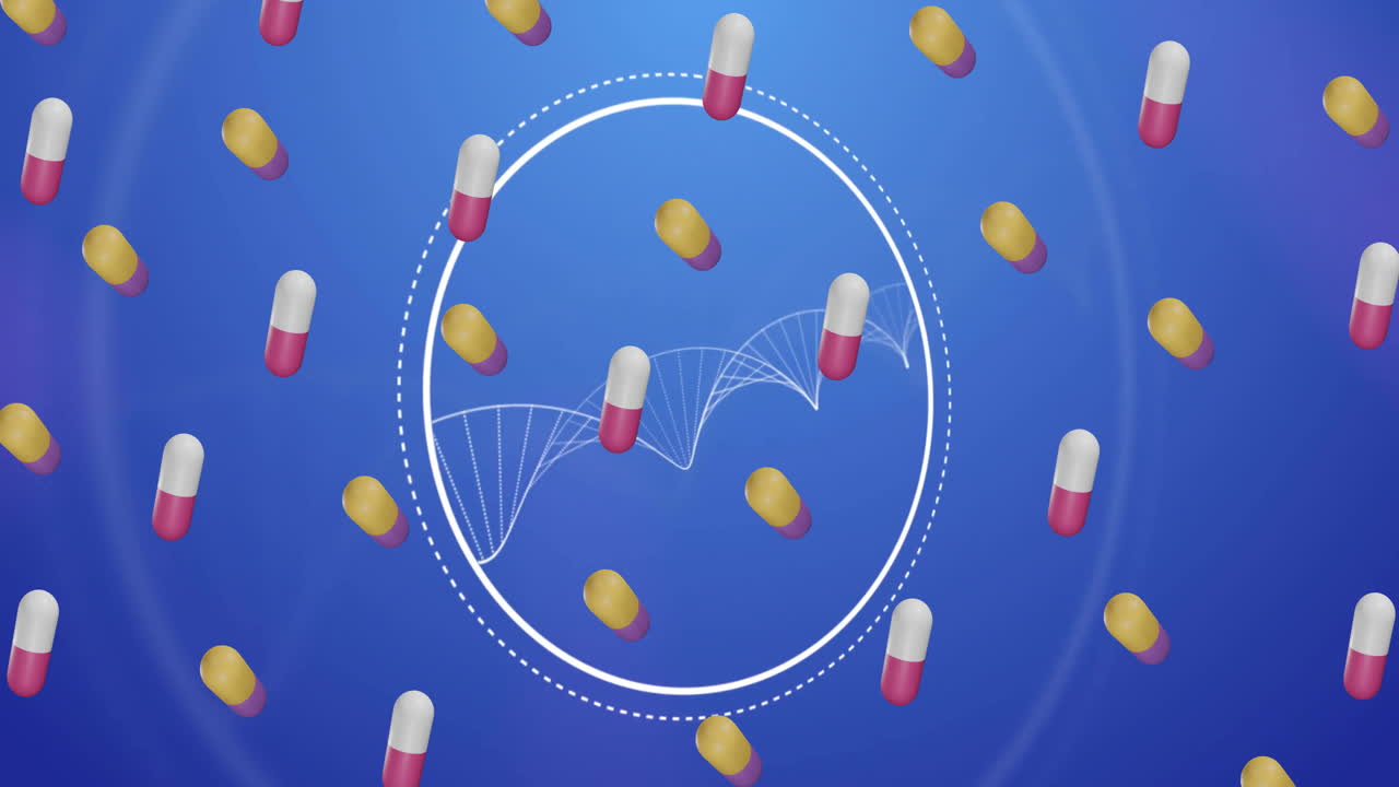 Animation of pills medication over dna strand spinning