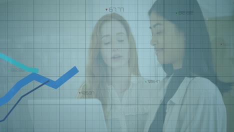 businesswomen discussing data over financial graph animation