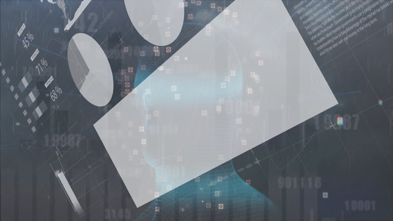 Animation of abstract geometric shapes and data charts on digital network background