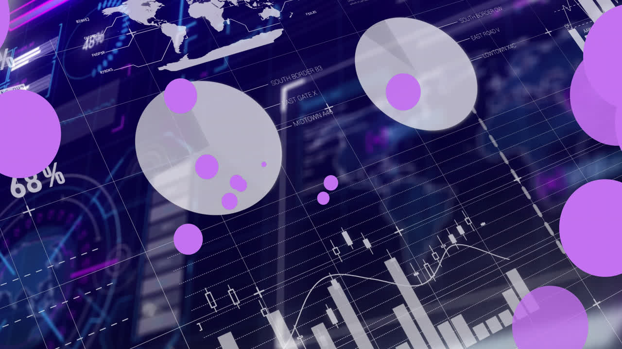 Animation of financial data processing over dark blue background
