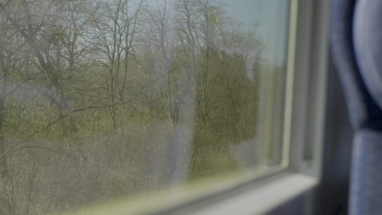 Inside a German ICE train, looking out at trees and nature from the window