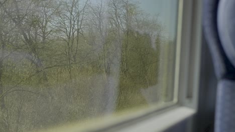 inside a german ice train, looking out at trees and nature from the window