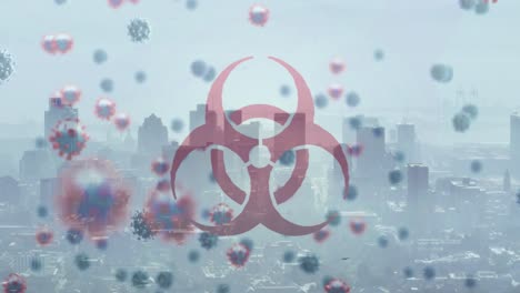 Animation-of-biohazard-and-virus-cells-over-cityscape