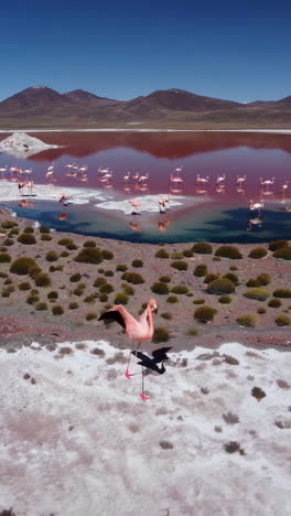 flamingos in a vibrant red salt lake landscape