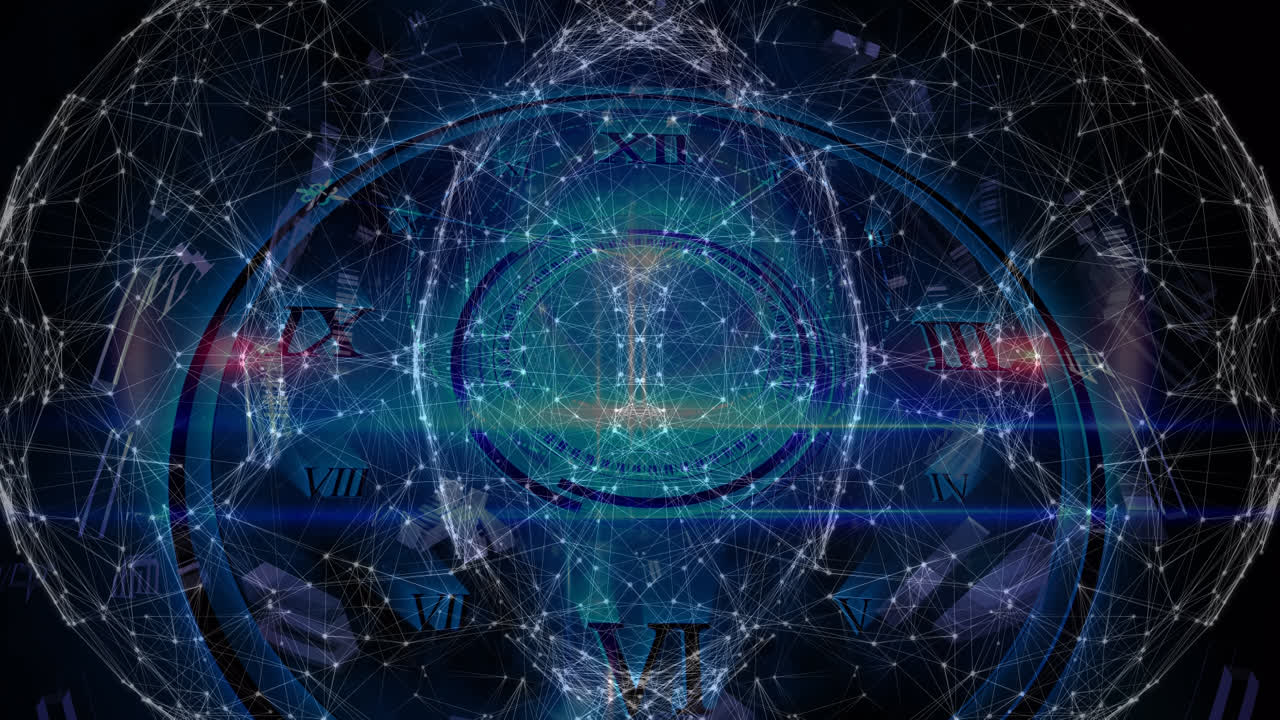 디지털 인터페이스에서 로마 숫자로 원에 기하학적 모양을 형성하는 점의 애니메이션