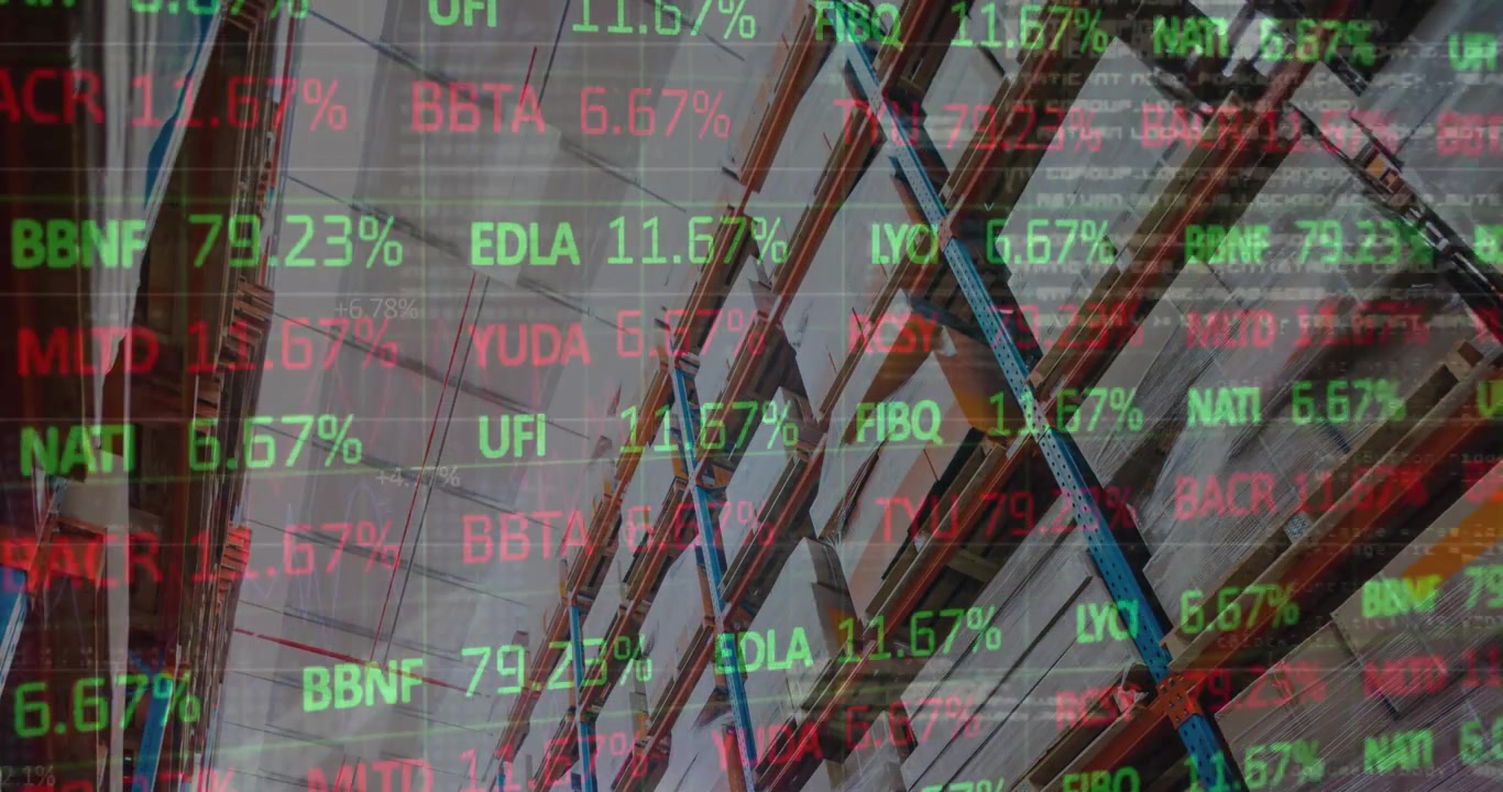 Animation von Finanzdaten über einem Lagerhaus