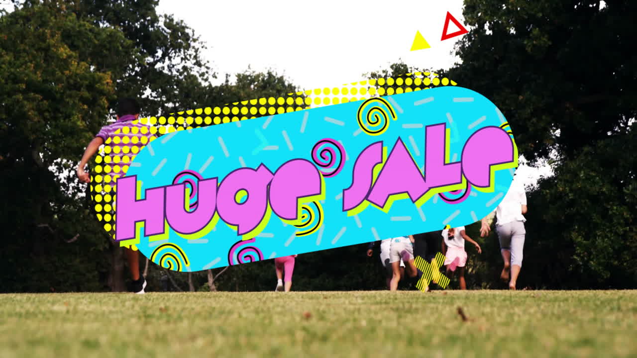 Huge sale text animation over people playing on grassy field