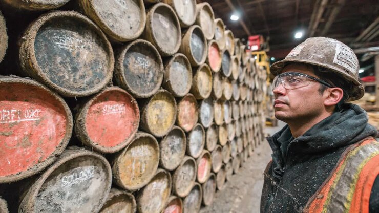 Un lavoratore ispeziona una grande pila di barili in un magazzino, dimostrando impegno e concentrazione in un ambiente industriale pieno di contenitori polverosi