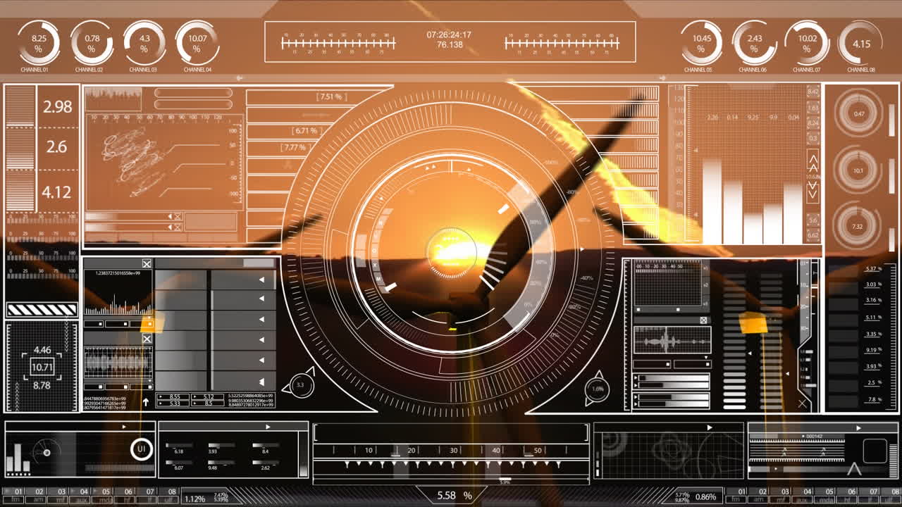 전면에 디지털 데이터가 있는 회전하는 풍력 터빈