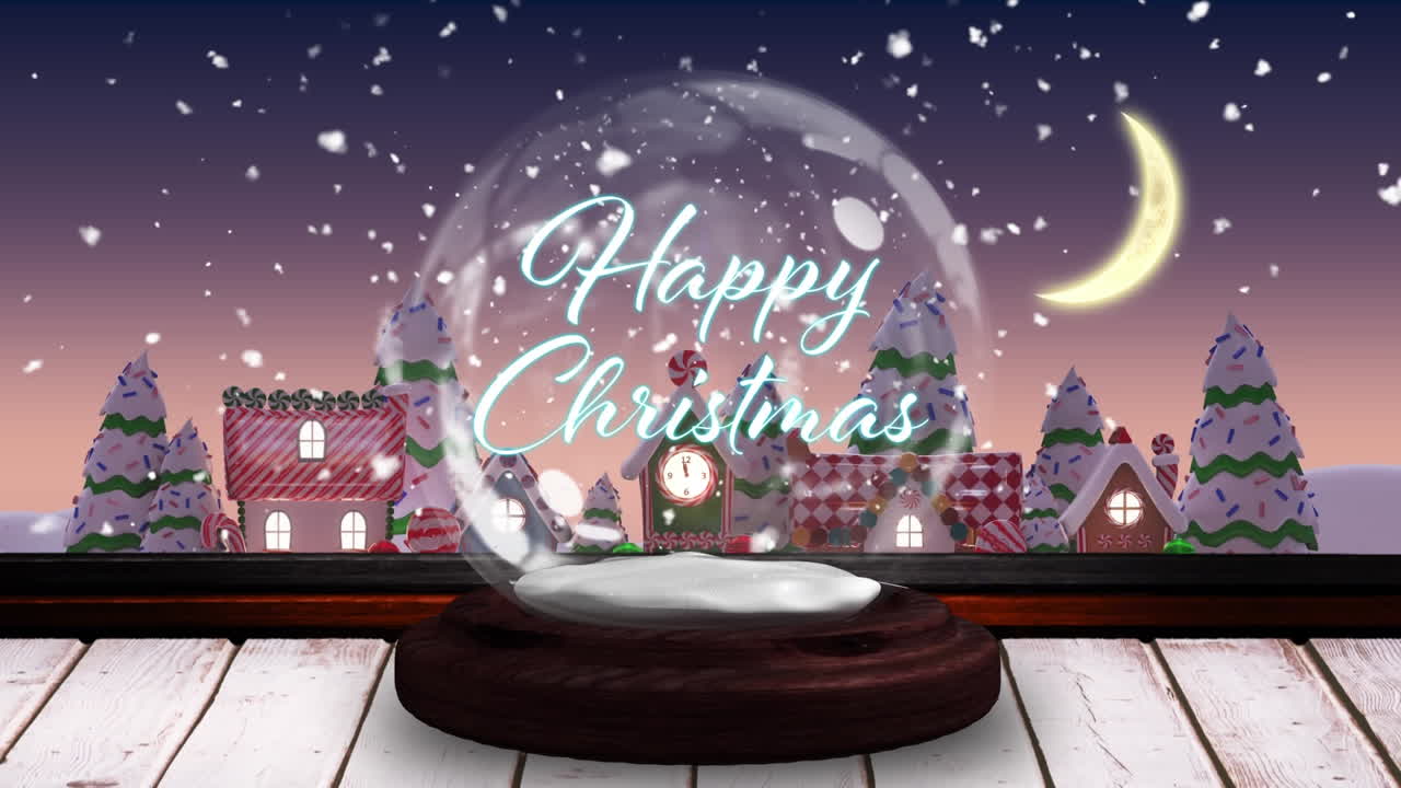 눈이 내리고 떨어지는 별이 스노우 글로브에서 행복한 크리스마스 텍스트에 대해 회전합니다.