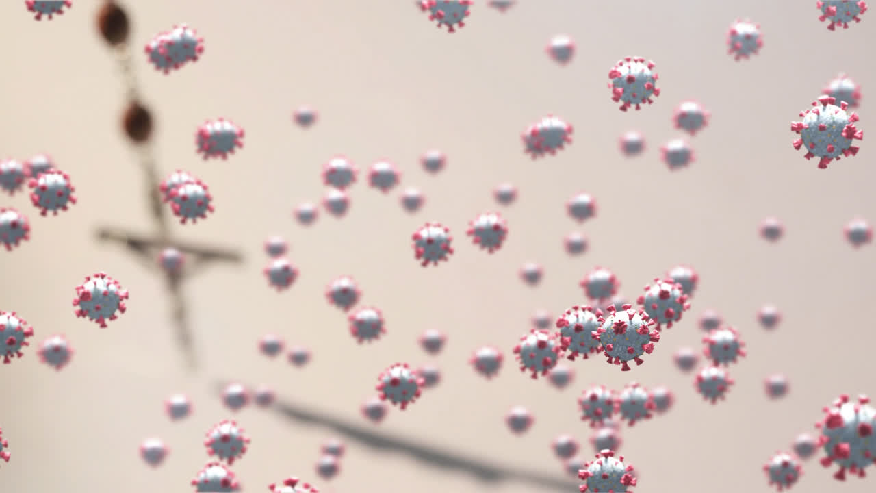 코로나19 세포가 배경에서 주례를 향해 움직입니다.