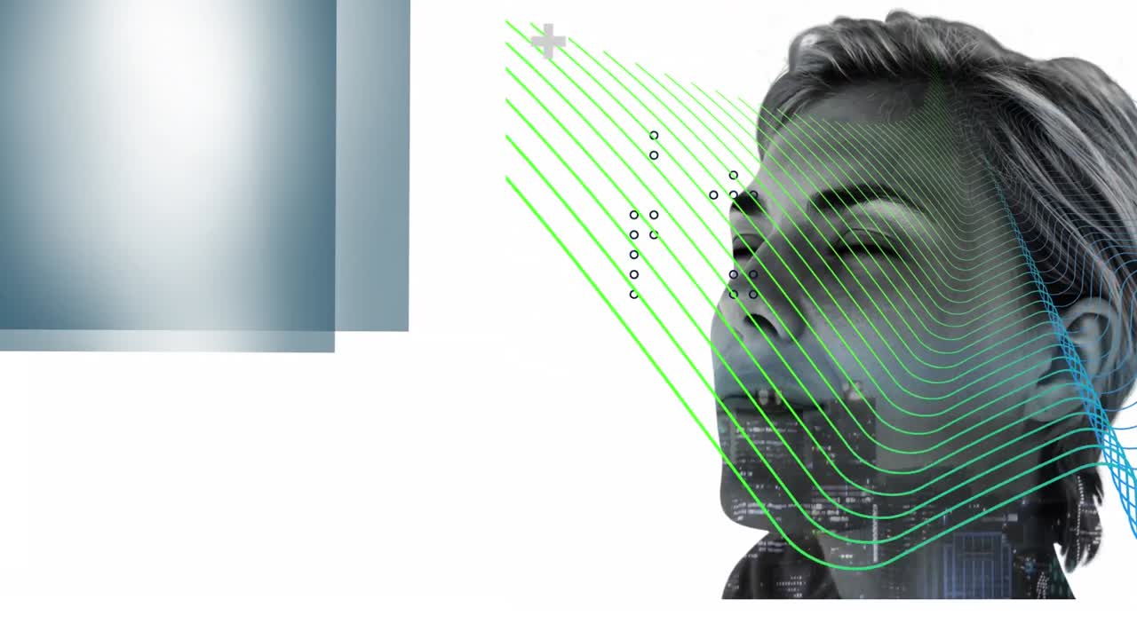 animación del paisaje urbano y líneas que se mueven sobre la cara de la mujer