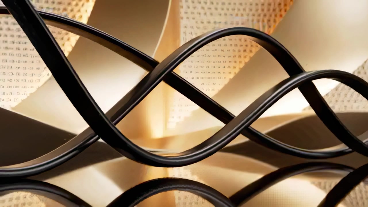 Glossy black ribbons sliding in studio, playback starting and revealing mirror base and gold panels