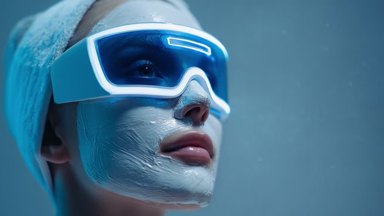 A woman undergoing a rejuvenating facial treatment while wearing innovative LED light therapy goggles, showcasing her serene expression and the transformative skincare process in action