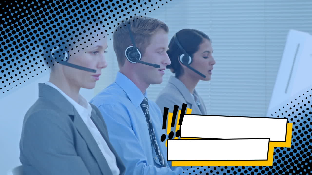 전화 헤드을 착용 한 비즈니스 사람들 위의 점과 모양의 애니메이션