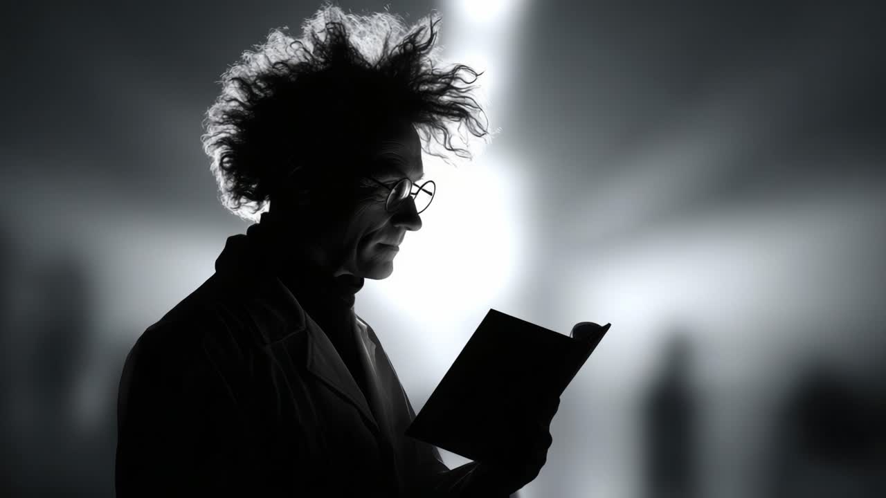 Eine mysteriöse Gestalt, versunken in Gedanken, liest ein Buch in einem schwach beleuchteten Raum und erzeugt so einen fesselnden Kontrast, der die Faszination der Szene noch verstärkt.