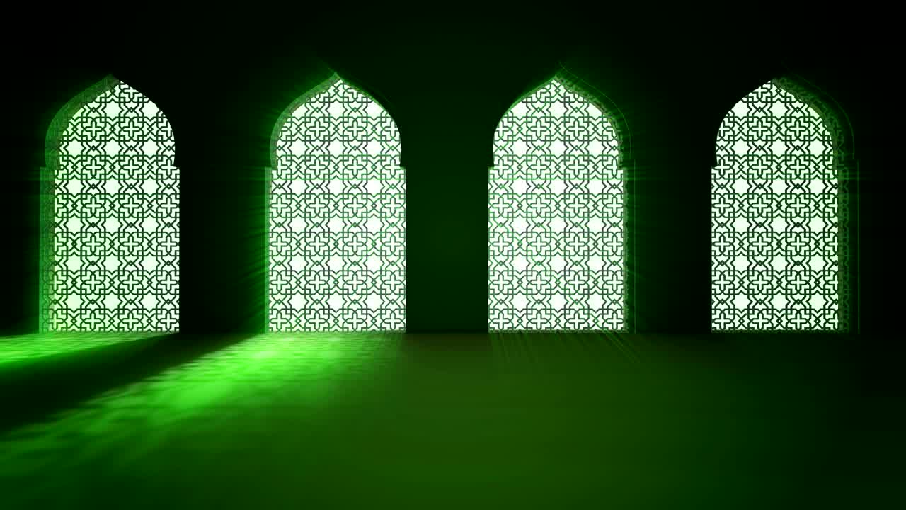 ventana o puerta de la mezquita interior islámica con un haz de luz de rayo entrando en el interior. ramadan kareem fondo de movimiento islámico. animación 3d.