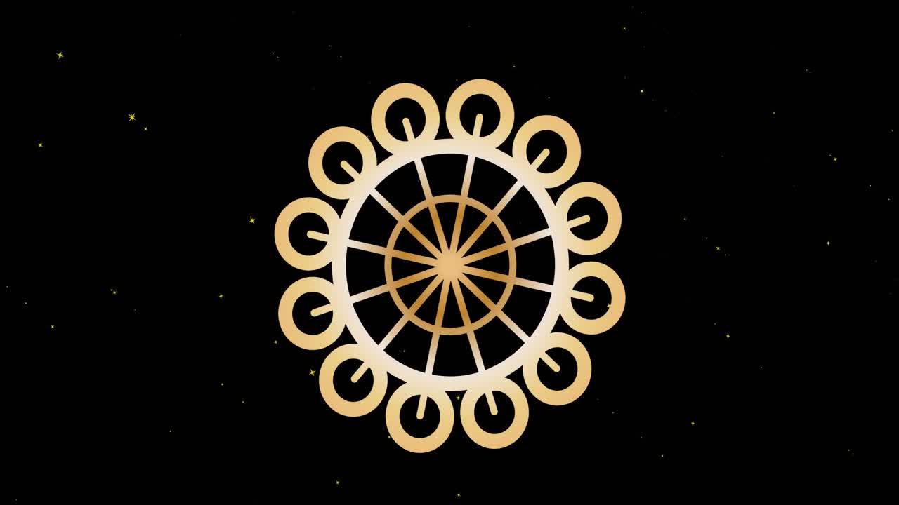검은 바탕에 움직이는  ⁇  별 위에 금색 원형 디자인의 애니메이션