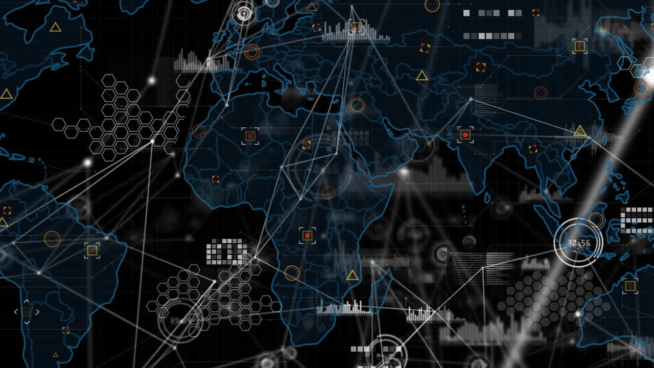 Animation of networks of connections and data processing over world map