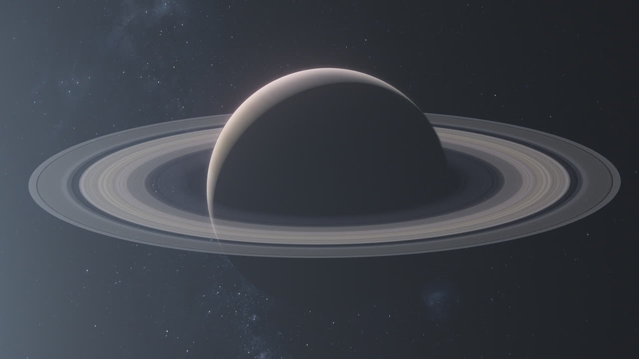 Planet Saturn with Rings Going from Night to Day with Sun Flare Haze and Milky Way Stars Background - Space Animation 4K