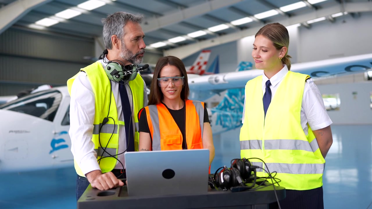 Professionisti dell'aviazione che collaborano con un laptop nell'hangar
