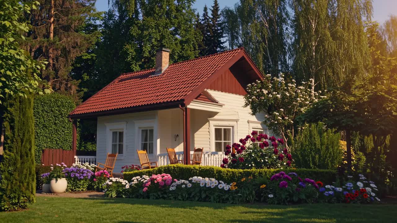 Charmerende sommerhus omgivet af farverige blomster og frodigt grønt, fanget fra en lav engel, perfekt.